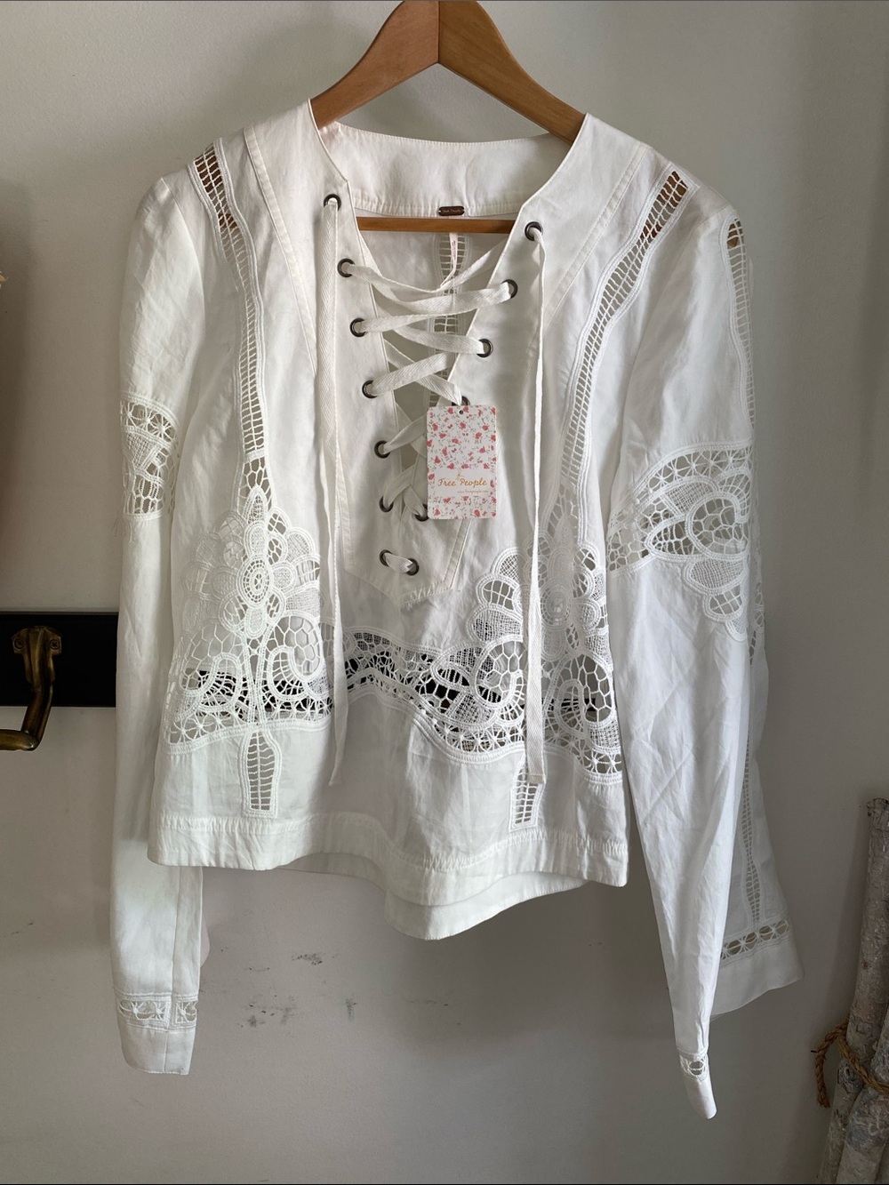 Free People White Lace-Up Crochet Peasant Top NWT